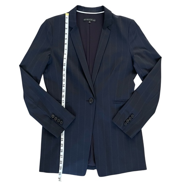 ANTONIO MELANI Navy Blue pin stripe long Blazer single breasted wool Sz: 8 NWOT - Picture 10 of 10